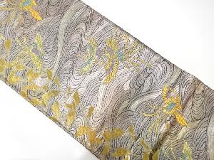 流水に鳳凰・扇散らし模様織り出し　袋帯